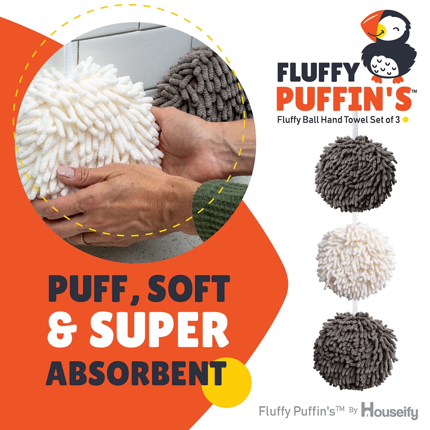 Fluffy Puffin's Fluff Ball Hand Towels, Set of Three, with Wall Hook Attachments