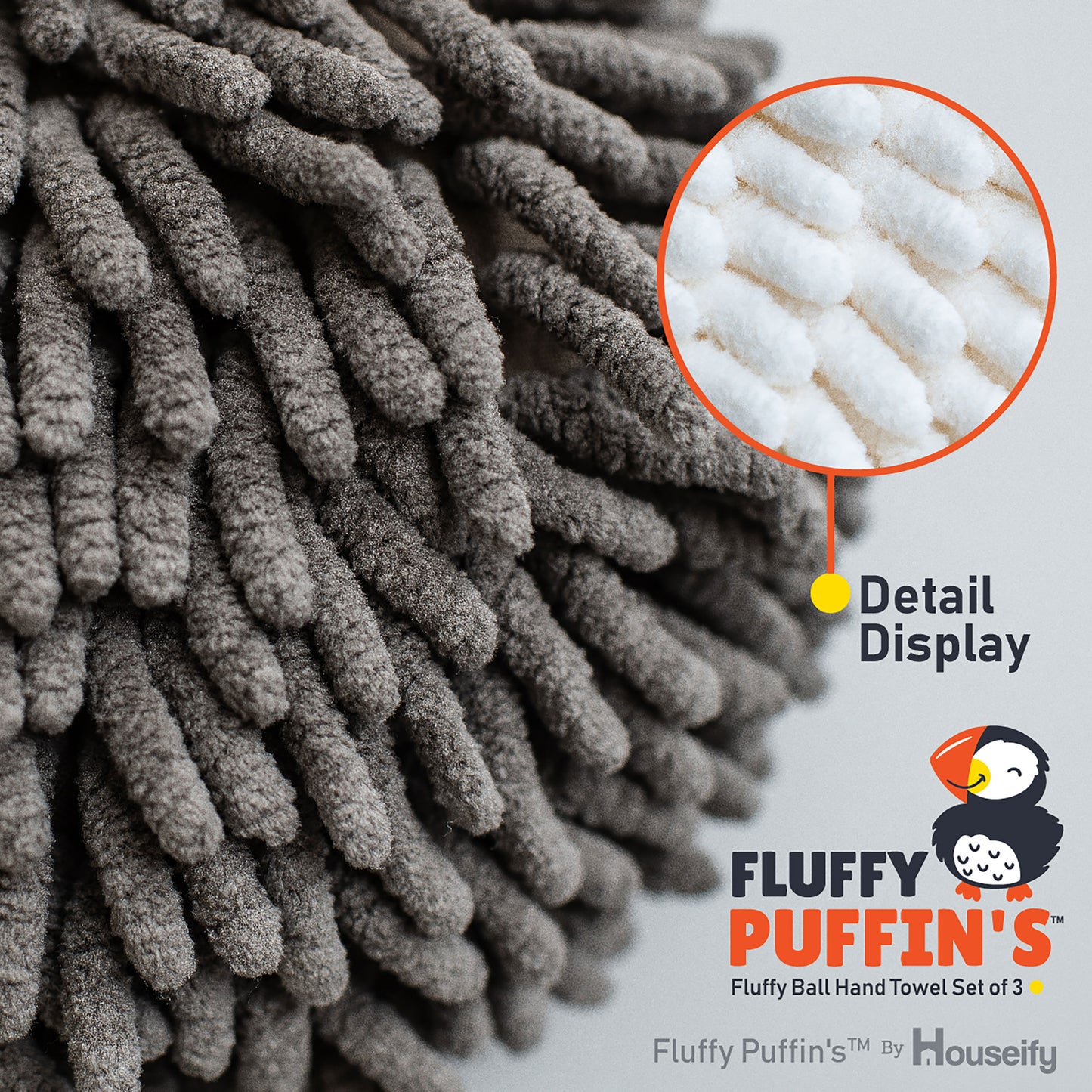 Fluffy Puffin's Fluff Ball Hand Towels, Set of Three, with Wall Hook Attachments